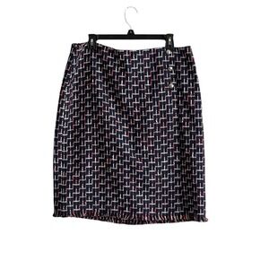 Talbots Size 16 Textured Tweed Pencil Skirt Fringe Hem Navy Red Classic Career